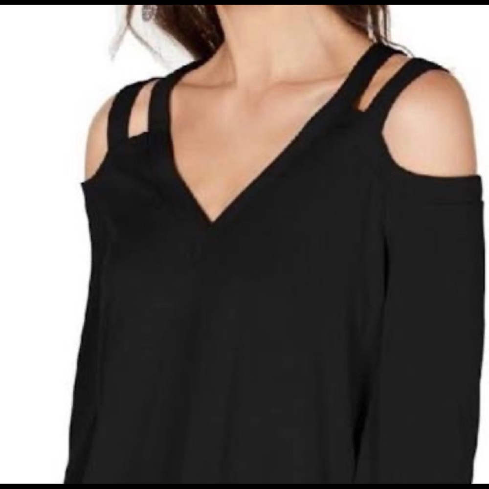 NWT INC Heritage open shoulder black top. 3\4 gathered sleeves.